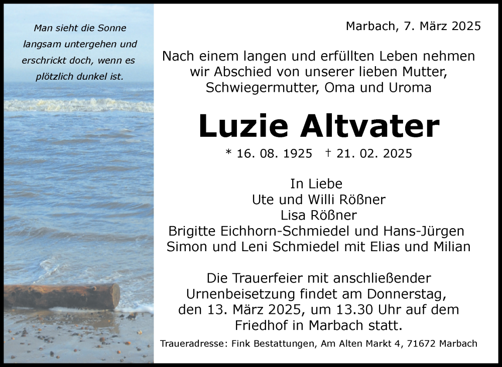  Traueranzeige für Luzie Altvater vom 07.03.2025 aus Marbacher Zeitung