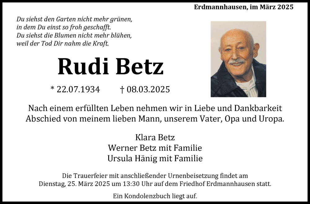  Traueranzeige für Rudi Betz vom 21.03.2025 aus Marbacher Zeitung