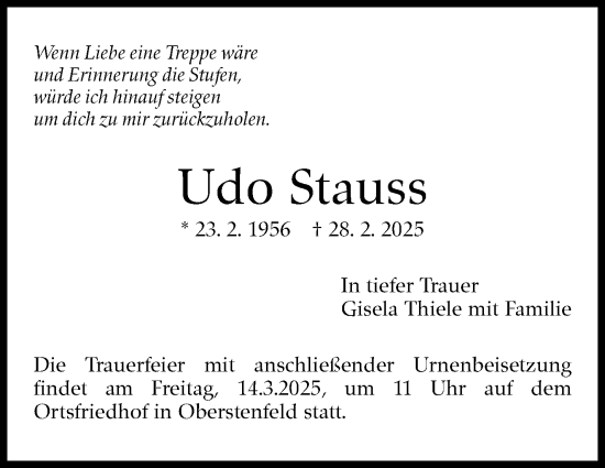 Traueranzeige von Udo Stauss von Marbacher Zeitung