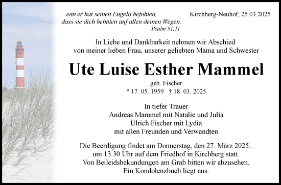 Traueranzeige von Ute Luise Esther Mammel von Marbacher Zeitung
