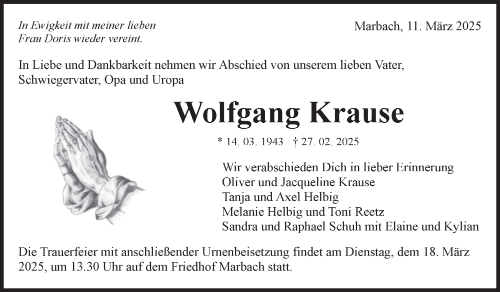  Traueranzeige für Wolfgang Krause vom 11.03.2025 aus Marbacher Zeitung