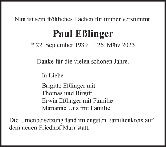 Traueranzeige von Paul Eßlinger von Marbacher Zeitung