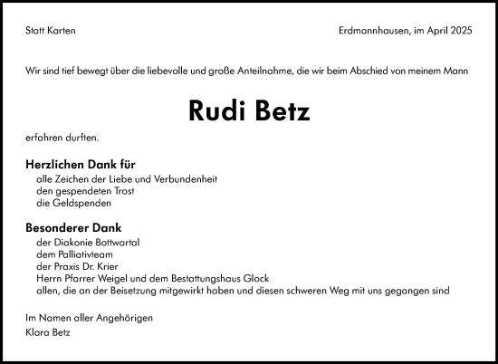 Traueranzeige von Rudi Betz von Marbacher Zeitung