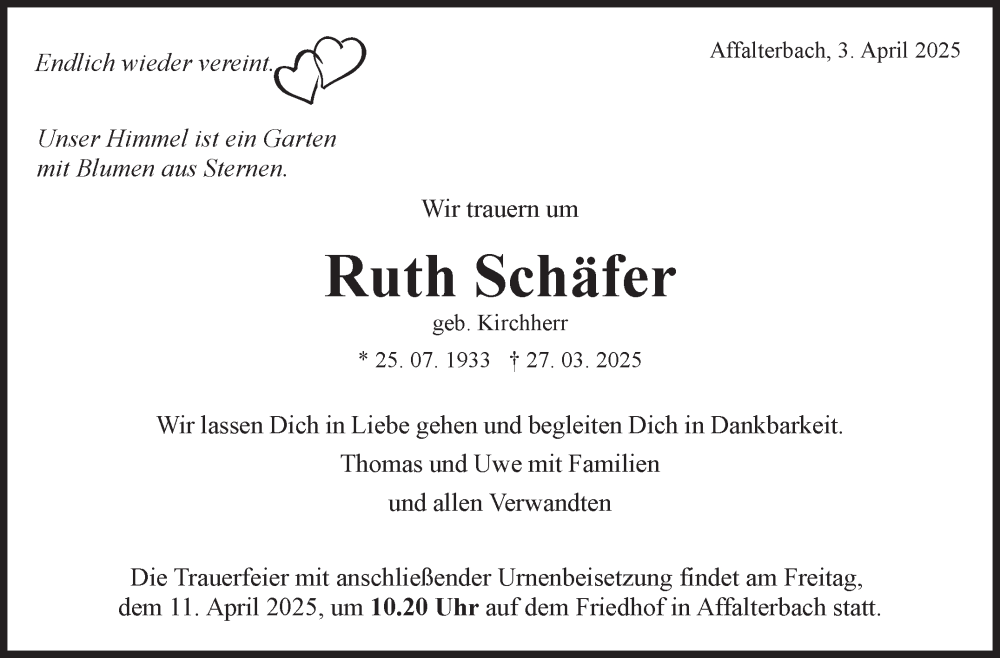  Traueranzeige für Ruth Schäfer vom 03.04.2025 aus Marbacher Zeitung