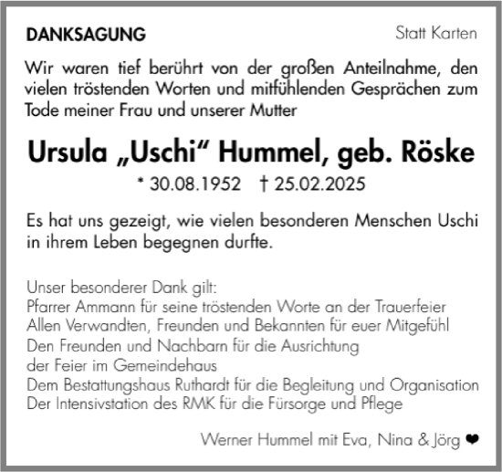 Traueranzeige von Ursula Hummel von Marbacher Zeitung