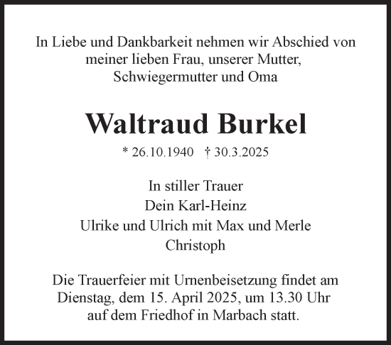 Traueranzeige von Waltraud Burkel von Marbacher Zeitung