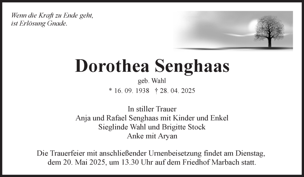 Traueranzeige für Dorothea Senghaas vom 13.05.2025 aus Marbacher Zeitung