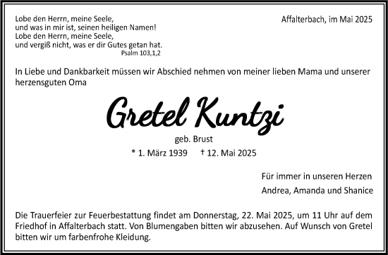 Traueranzeige von Gretel Kuntzi von Marbacher Zeitung
