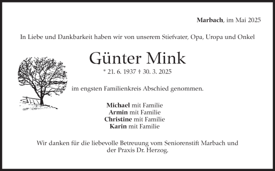 Traueranzeige von Günter Mink von Marbacher Zeitung