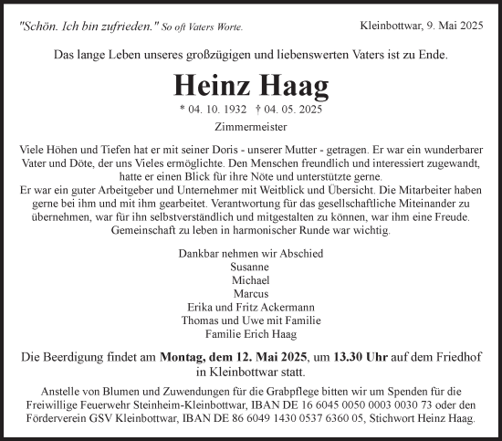 Traueranzeige von Heinz Haag von Marbacher Zeitung