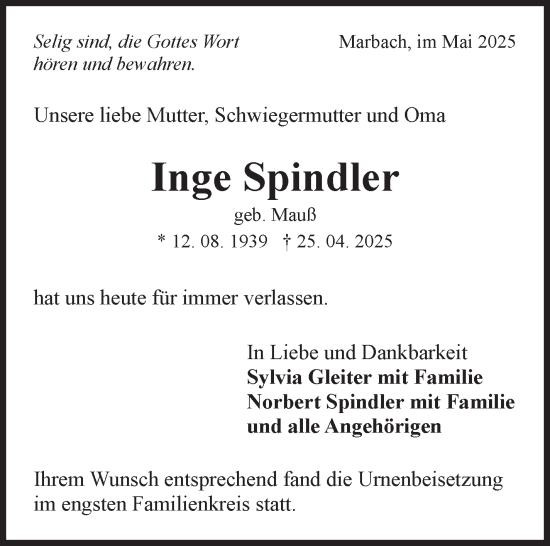 Traueranzeige von Inge Spindler von Marbacher Zeitung