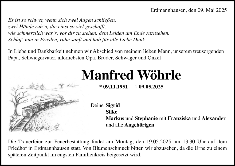  Traueranzeige für Manfred Wöhrle vom 14.05.2025 aus Marbacher Zeitung