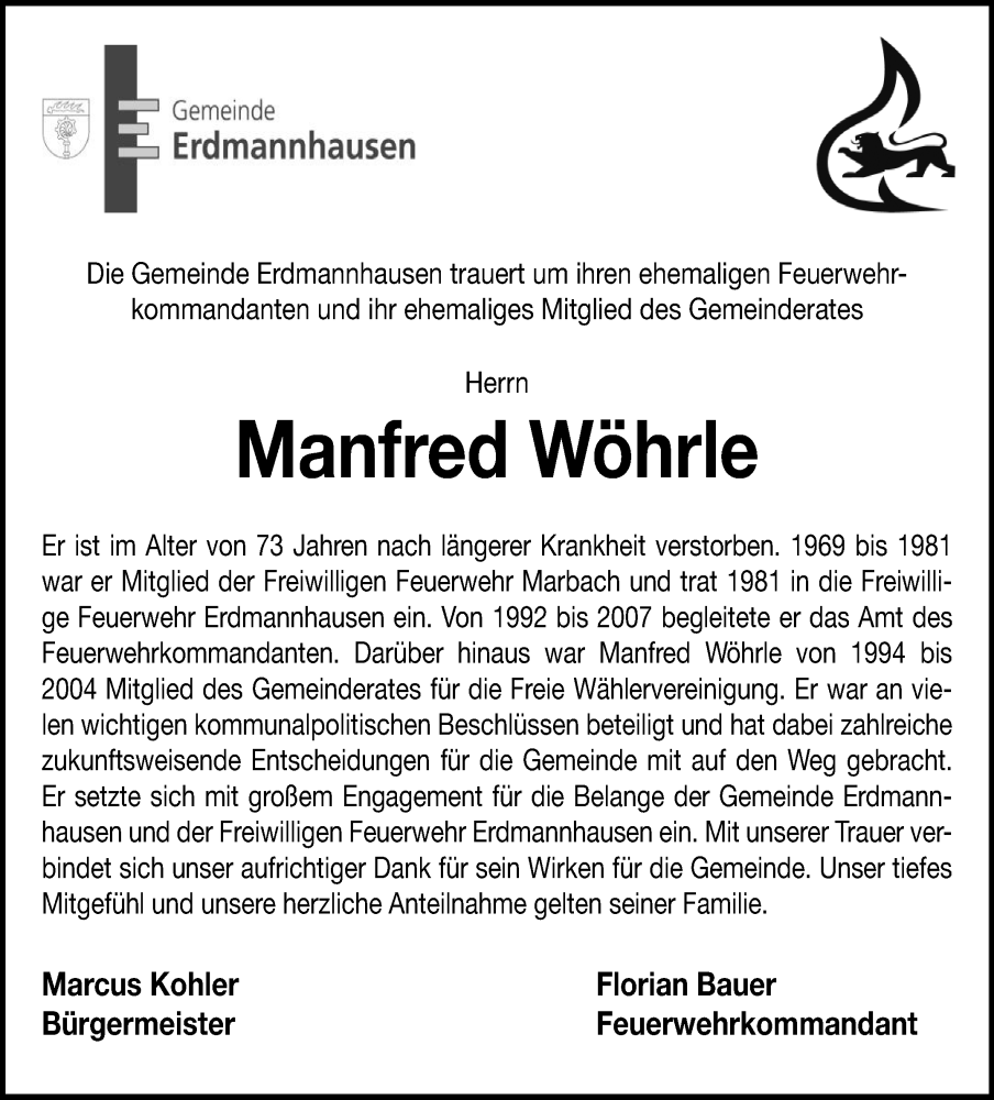  Traueranzeige für Manfred Wöhrle vom 15.05.2025 aus Marbacher Zeitung
