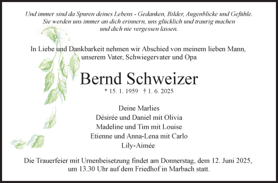 Traueranzeige von Bernd Schweizer von Marbacher Zeitung
