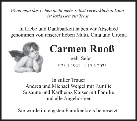Traueranzeige von Carmen Ruoß von Marbacher Zeitung