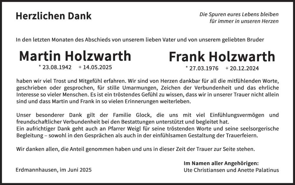 Traueranzeige für Frank und Martin Holzwarth vom 10.06.2025 aus Marbacher Zeitung