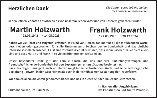 Traueranzeige von Frank und Martin Holzwarth von Marbacher Zeitung