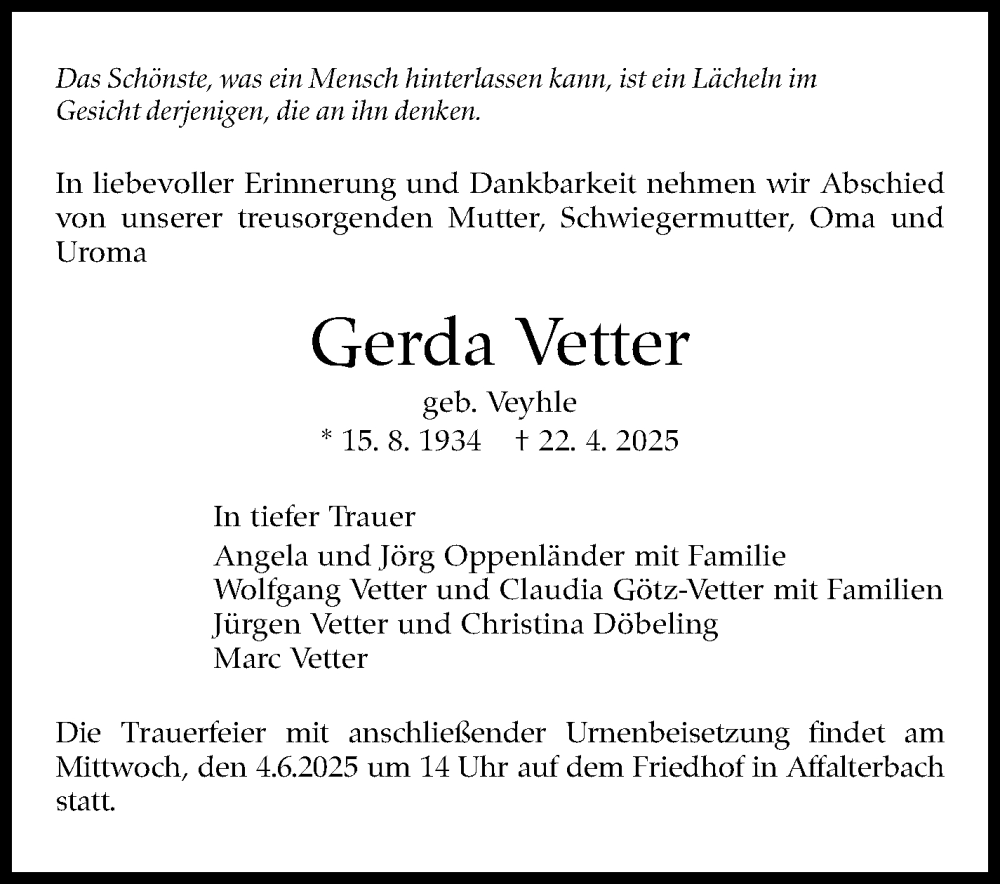 Traueranzeige für Gerda Vetter vom 28.05.2025 aus Marbacher Zeitung