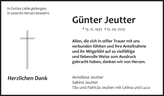 Traueranzeige von Günter Jeutter von Marbacher Zeitung