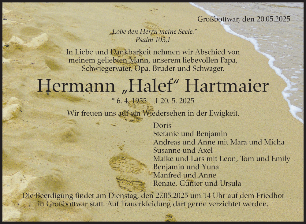  Traueranzeige für Hermann Hartmaier vom 23.05.2025 aus Marbacher Zeitung