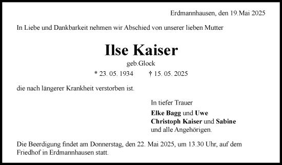 Traueranzeige von Ilse Kaiser von Marbacher Zeitung