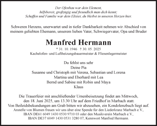 Traueranzeige von Manfred Hermann von Marbacher Zeitung