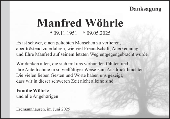 Traueranzeige von Manfred Wöhrle von Marbacher Zeitung