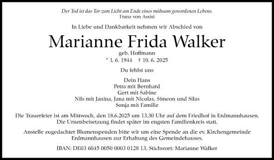 Traueranzeige von Marianne Frida Walker von Marbacher Zeitung
