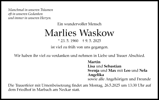 Traueranzeige von Marlies Waskow von Marbacher Zeitung