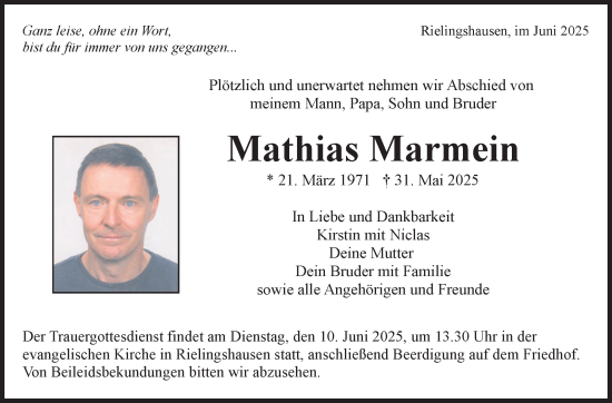Traueranzeige von Mathias Marmein von Marbacher Zeitung
