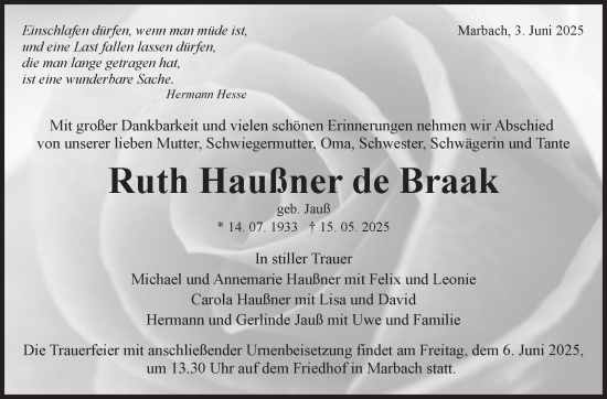 Traueranzeige von Ruth Haußner de Braak von Marbacher Zeitung