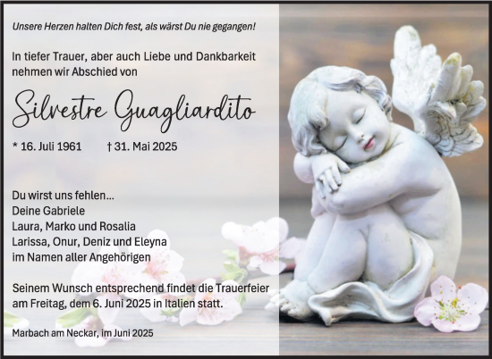 Traueranzeige von Silvestre Guagliardito von Marbacher Zeitung