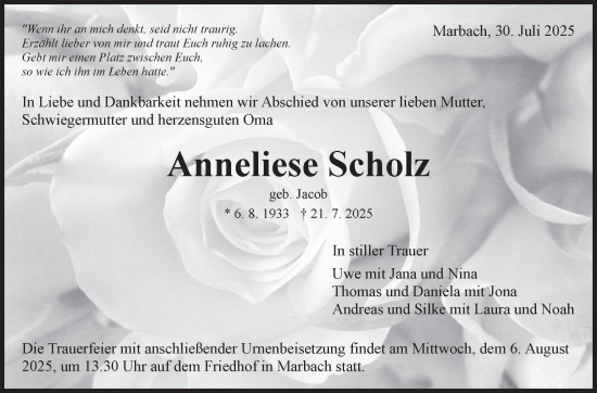Traueranzeige von Anneliese Scholz von Marbacher Zeitung