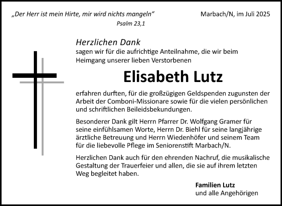 Traueranzeige von Elisabeth Lutz von Marbacher Zeitung