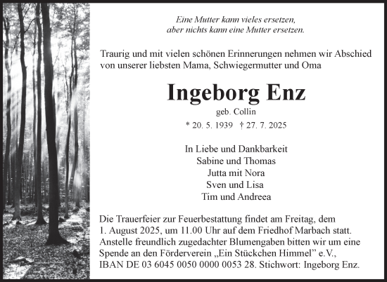Traueranzeige von Ingeborg Enz von Marbacher Zeitung