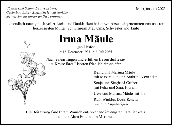 Traueranzeige von Irma Mäule von Marbacher Zeitung