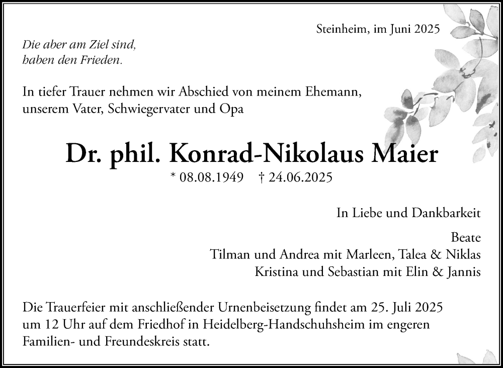 Traueranzeige für Konrad-Nikolaus Maier vom 10.07.2025 aus Marbacher Zeitung