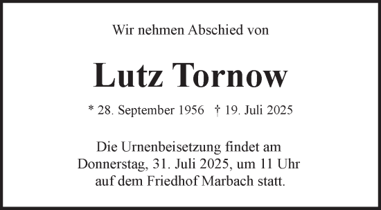 Traueranzeige von Lutz Tornow von Marbacher Zeitung