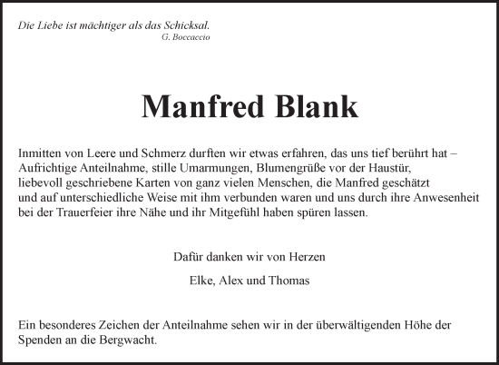 Traueranzeige von Manfred Blank von Marbacher Zeitung