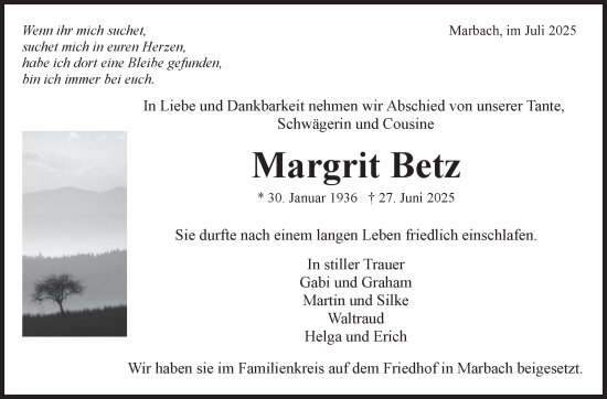 Traueranzeige von Margrit Betz von Marbacher Zeitung