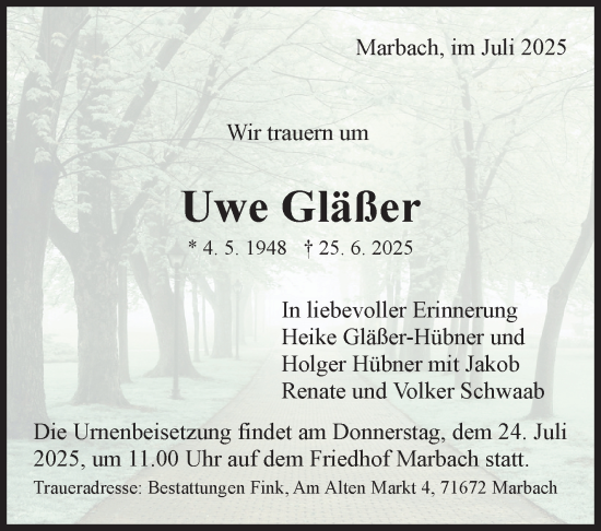 Traueranzeige von Uwe Gläßer von Marbacher Zeitung