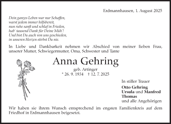 Traueranzeige von Anna Gehring von Marbacher Zeitung