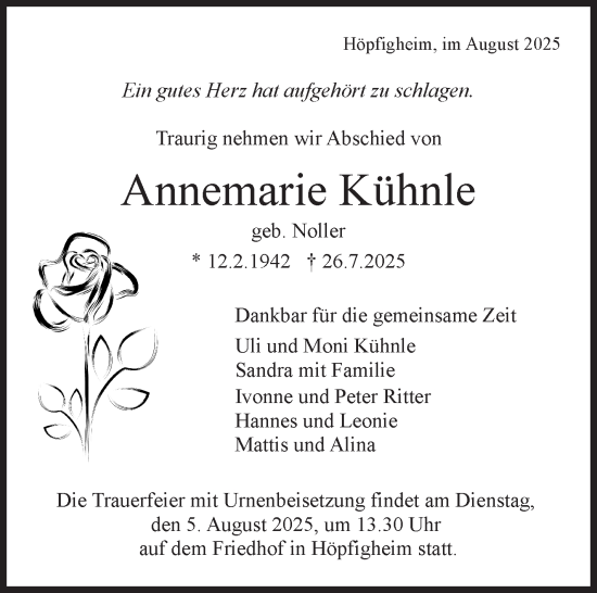 Traueranzeige von Annemarie Kühnle von Marbacher Zeitung
