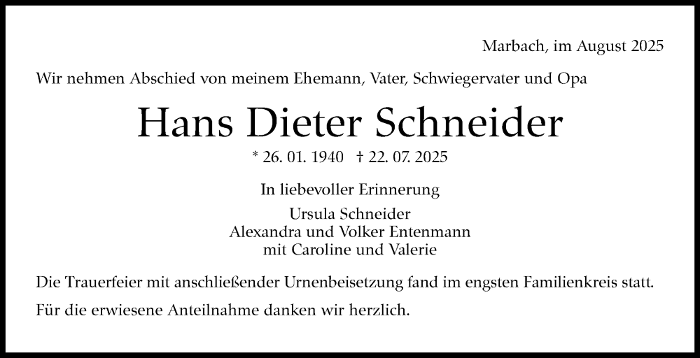  Traueranzeige für Hans Dieter Schneider vom 21.08.2025 aus Marbacher Zeitung