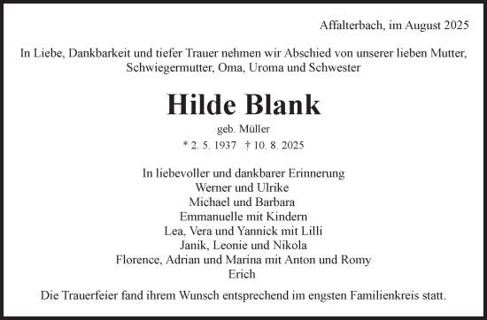 Traueranzeige von Hilde Blank von Marbacher Zeitung