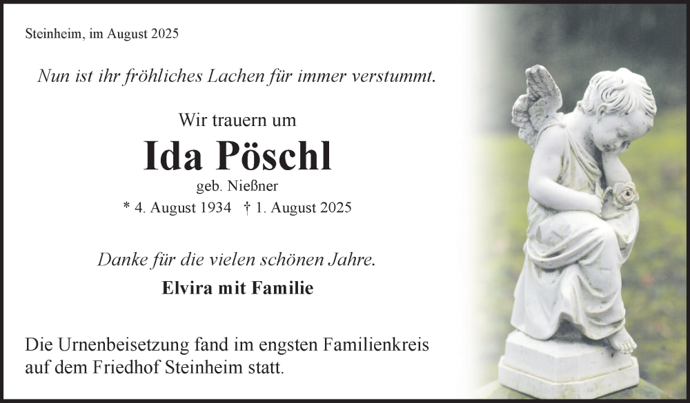  Traueranzeige für Ida Pöschl vom 28.08.2025 aus Marbacher Zeitung