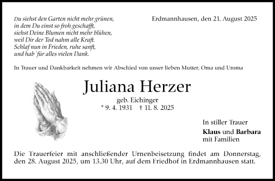 Traueranzeige von Juliana Herzer von Marbacher Zeitung
