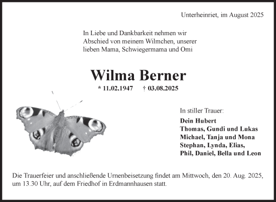 Traueranzeige von Wilma Berner von Marbacher Zeitung
