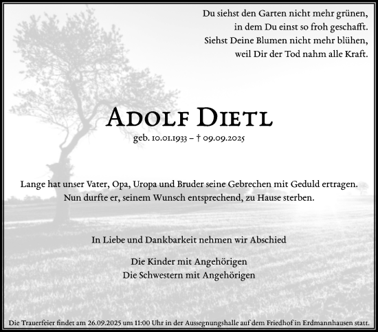 Traueranzeige von Adolf Dietl von Marbacher Zeitung