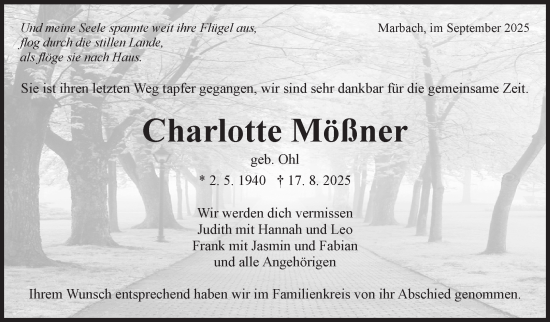Traueranzeige von Charlotte Mößner von Marbacher Zeitung